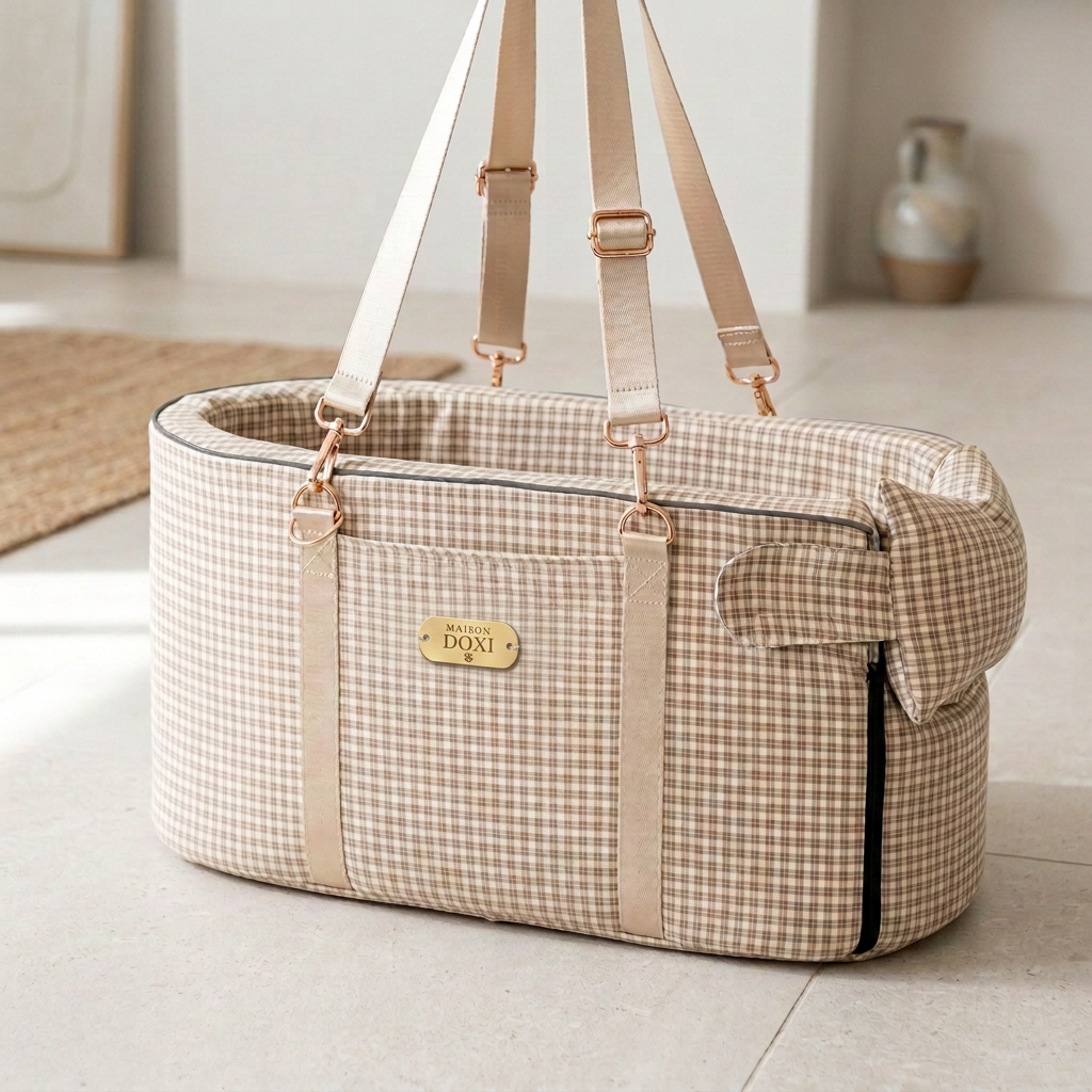 Taupe checked dog carrier with a discreet gold MAISON DOXI sew-on plate